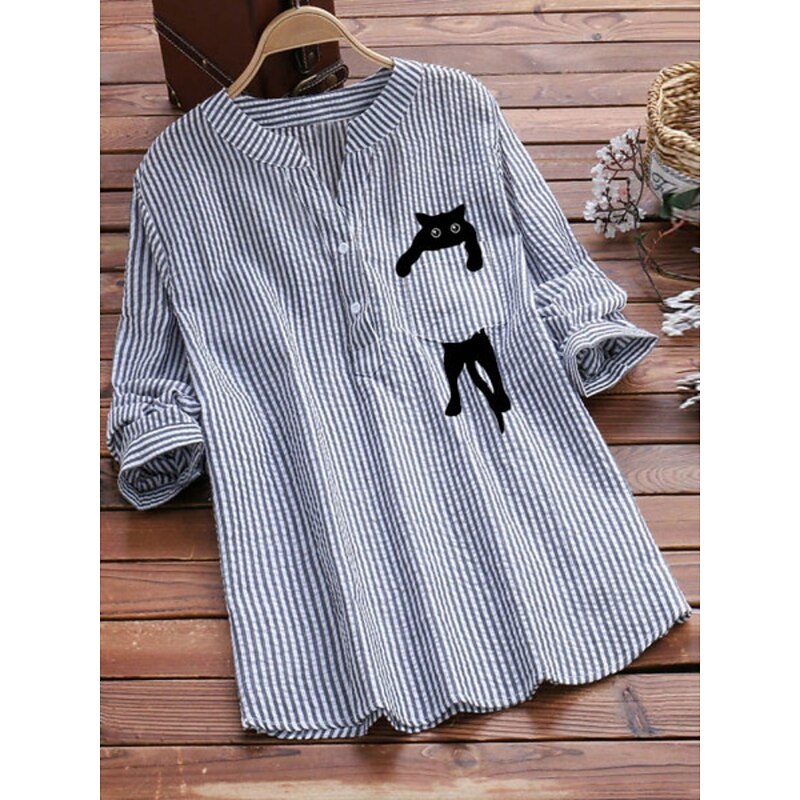 Women's Shirt Striped Stylish Casual 3/4 Length Sleeve V Neck Regular Tops Daily Buttons Print Black Pink Sky Blue Summer Spring Fall