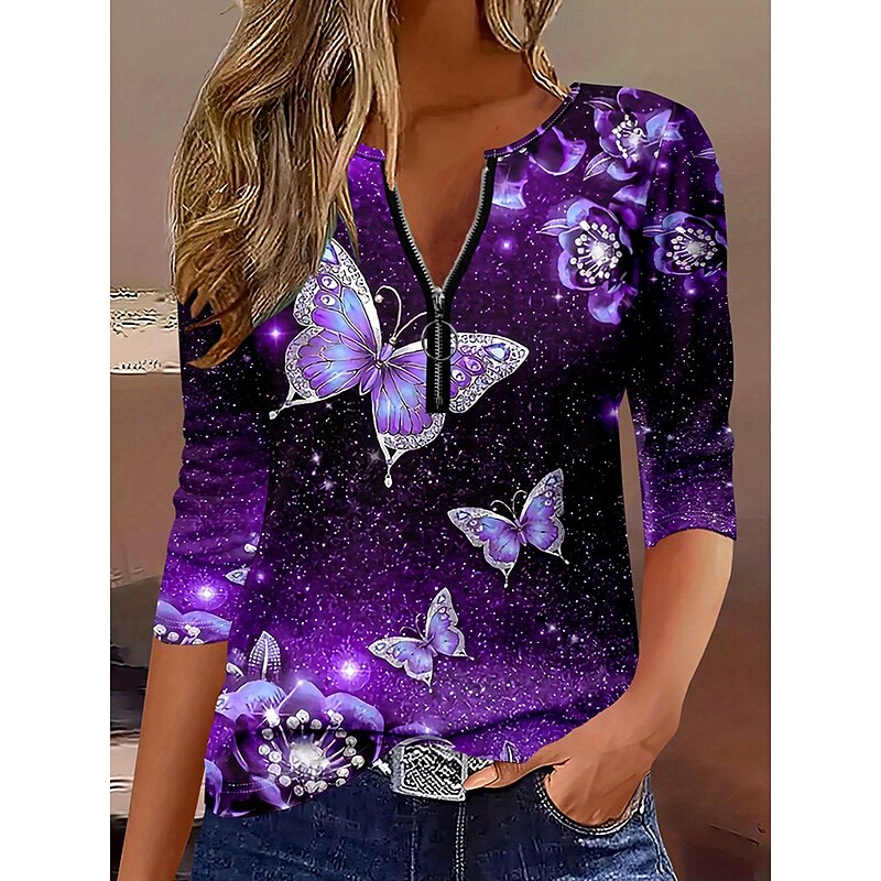 Women's T Shirt Ombre Graphic Animal Elegant Vintage Stylish Long Sleeve Round Neck Notched Neck Regular Tops Daily Weekend Zipper Print Purple Spring Fall Winter