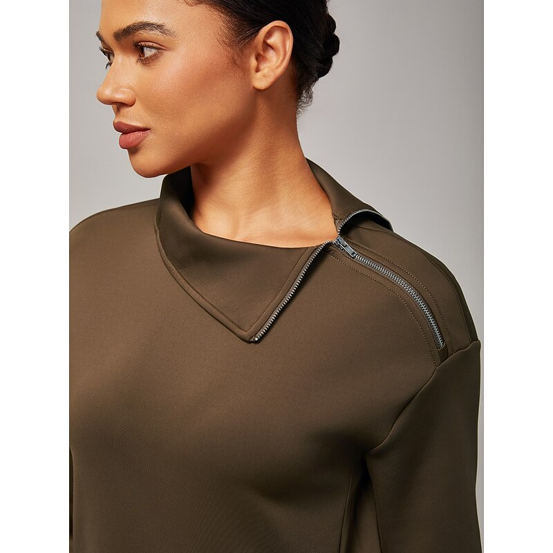 Women's Brown Stretch Knit Zip Slit High Neck Top Tracksuit Jacket Stand Collar Stylish Comfortable Casual Daily Work Versatile Fall3