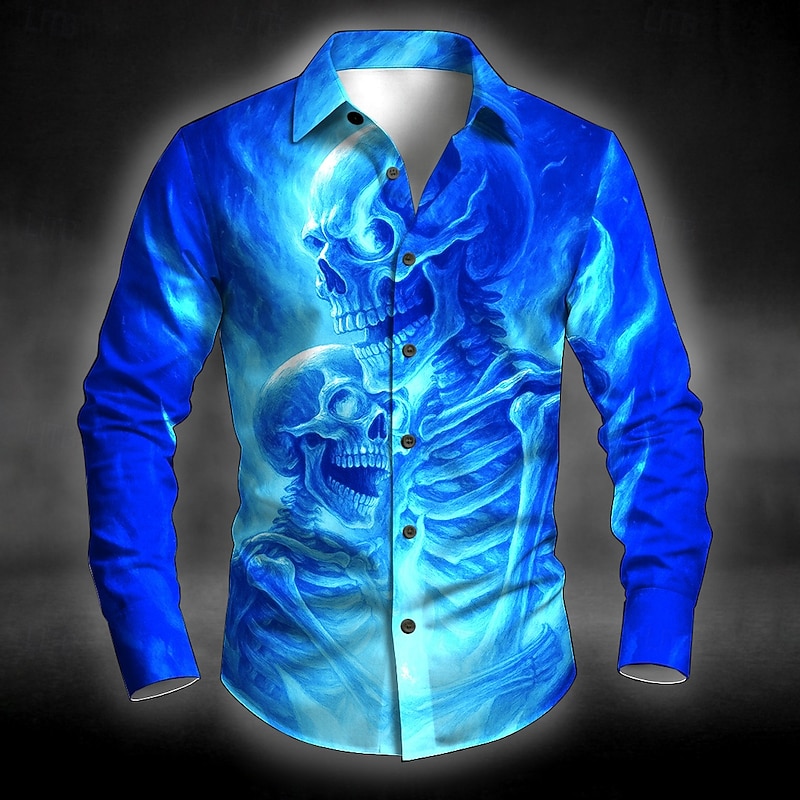 Halloween Men's Skull Skeleton Halloween Costumes Shirt Button Up Shirt Long Sleeve Dark Punk Gothic Style Outdoor Holiday Summer Spring Turndown 3D Print Collared Shirts Black Red Blue Green Dark3