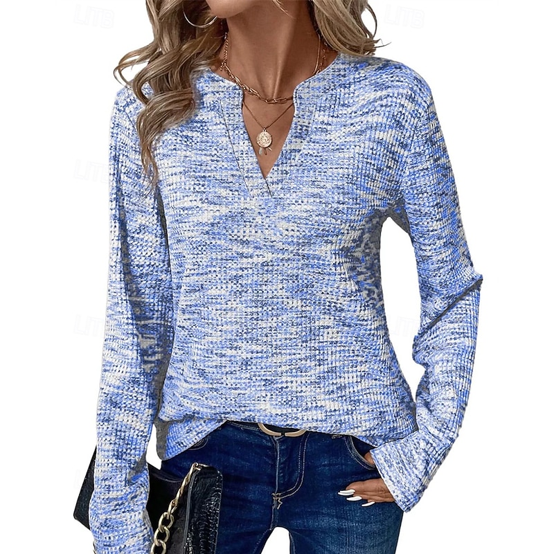 Women's Sweater Fashion Solid Color Ribbed V Neck Knitted Long Sleeve Regular Tops Knit Holiday Going out Weekend Blue Fall