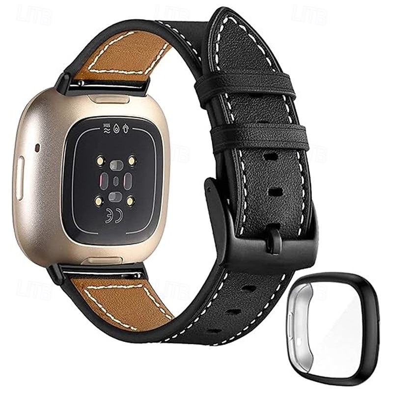 Smart Watch Band Compatible with Fitbit Fitbit Versa Lite Versa 4, Sense 2, Versa 3, Sense Fitbit Versa 2 Leather Smartwatch Strap with Case Adjustable Women Men Sport Band Replacement  Wristband