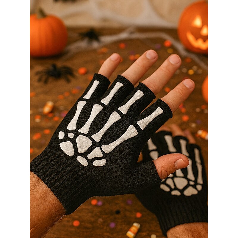 Men's Halloween Skull Fingerless Knit Gloves - Stretch Acrylic Half Finger Warm Gloves with Ribbed Cuffs, Gothic Punk Style - Perfect for Costume Parties, Cosplay, Trick or Treating and Fall Festivals
