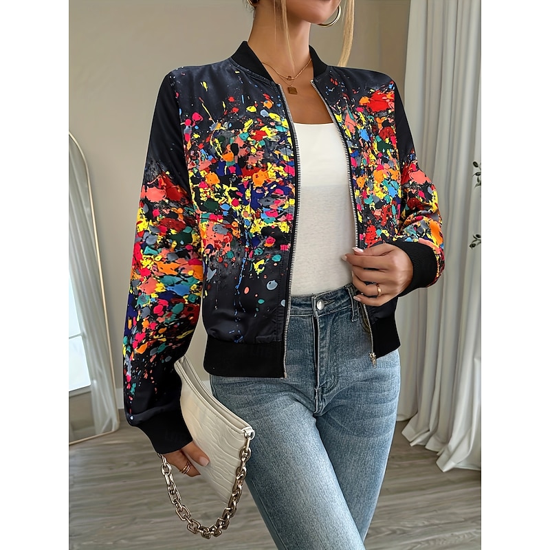 Women's Casual Jacket Warm Quick Dry Zipper Pocket Elegant Fashion Daily Simple Floral Vacation Casual Daily Holiday Baseball Collar Regular Fit Long Sleeve Outerwear Black White Pink Fall
