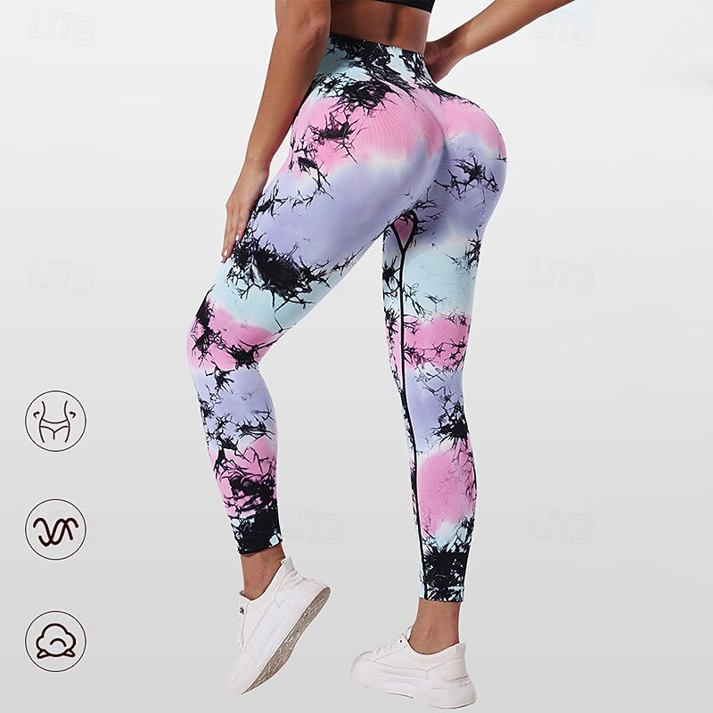 Women's Compression Pants Running Tights Yoga Leggings Tummy Control High Waist Gym Workout Athletic Bottoms Tie Dye Pink Fall Sports Activewear