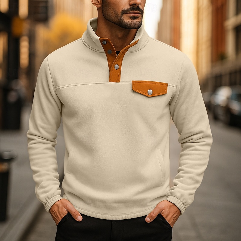 Men's Sweatshirt Pullover Hoodie Sweatshirt Pullover Button Up Hoodie Black White Beige Gray Standing Collar Plain Patchwork Sports & Outdoor Casual Daily Streetwear Cool Sportswear Spring &  Fall
