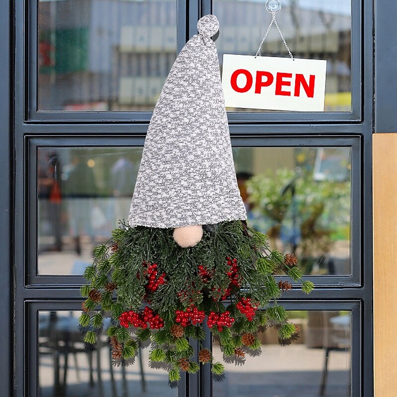 Christmas Wreath for Front Door Xmas Indoor Outdoor Decoration with Red Berries Faceless Gnome Hanging Tree Creative Holiday Garland for Hotel Window Shop Display