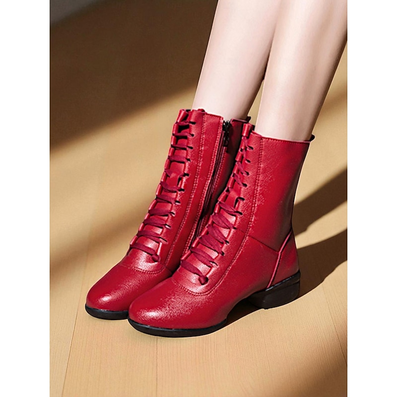 Women's Red Lace-Up Dance Boots - Soft Sole Ankle Boots with Side Zipper for Jazz, Practice and Performance2