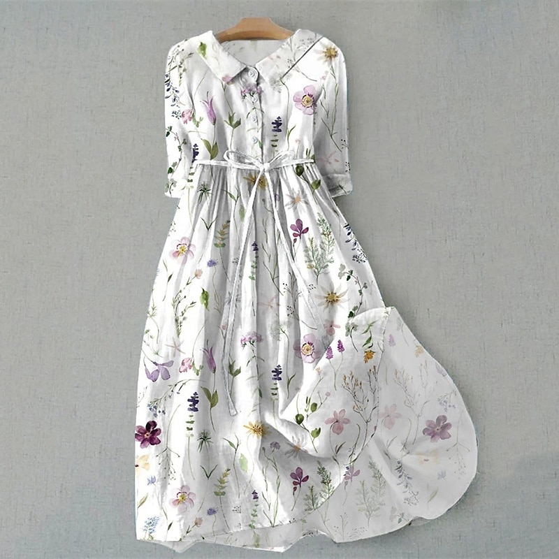 Women's Midi Dress Shirt Dress Casual Dress Fashion Modern Daily Beach Weekend Regular Fit Flower Half Sleeve Shirt Collar White Purple Gray Summer Spring