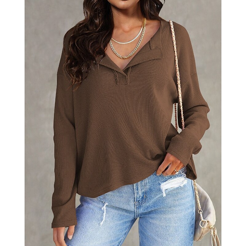 Women's Texture Sweatshirt Blouse Plain Modern Casual Long Sleeve V Neck Regular Tops Daily Going out Black White Pink Brown Green Fall