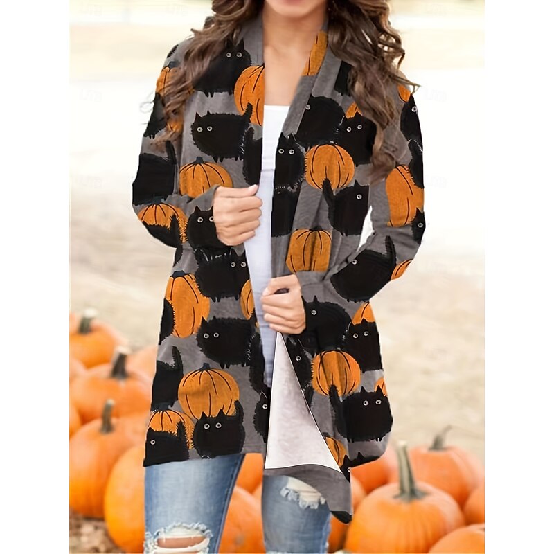 Halloween Women's Casual Jacket Lightweight Comfortable Black Cat Print Active Vintage Artistic Casual Black Cat Casual Short Collarless Regular Fit Long Sleeve Outerwear Orange Spring Fall