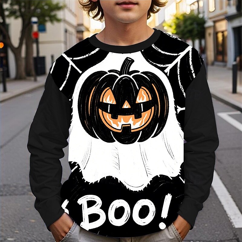 Halloween Boys' 3D Pumpkin Ghost T shirt Tee Long Sleeve Spring Fall Fashion Basic Kids 4-12 Years Crew Neck Outdoor Casual Daily Regular Fit