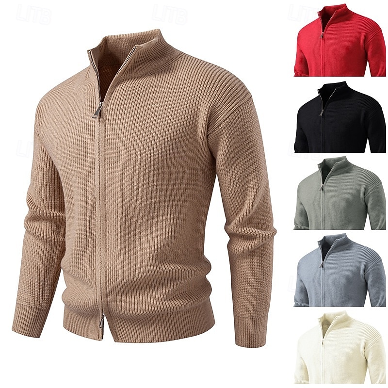 Men's Sweater Dress Sweater Cardigan Sweater Zip Sweater Knit Sweater Ribbed Knit Regular Tops Knitted Ribbed Plain Stand Collar Fashion Shawls Casual Daily Wear Clothing Apparel Fall Winter Black Red - Main Image