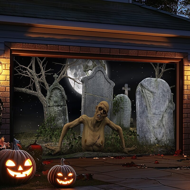 Halloween Tapestry Garage Door Cover Large Hanging Backdrop Zombies Cemetery Dark Punk Gothic Style Party Outdoor Shooting Backgrounds Front Door Home Decor4