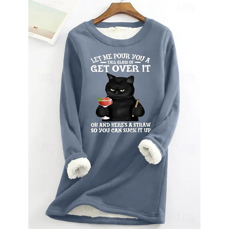 Women's Pullover Sweatshirt Cat Letter Casual Comfrt Long Sleeve Crew Neck Regular Tops Street Dailywear Print Black Pink Red Blue Gray Fall Winter4