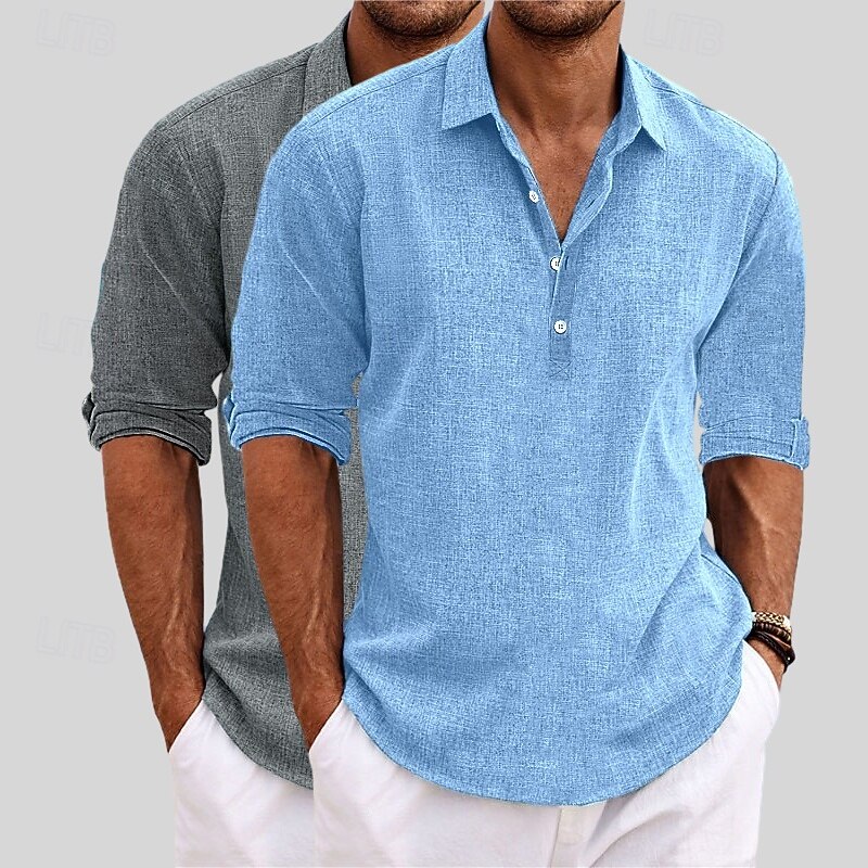 Men's Shirt Linen Shirt Summer Shirt Beach Wear Plain Vacation Casual Khaki+Black Blue+Khaki Gray+Khaki White+Black Long Sleeve Lapel Summer Spring Clothing Apparel3