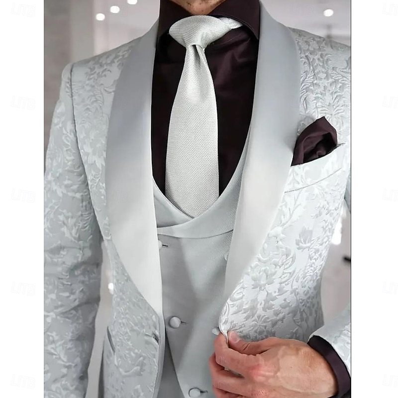 Men's Wedding Stage Party Suits Shawl Lapel White Fashion Party Print Slim Fit 3 Piece Double Breasted Two-buttons2