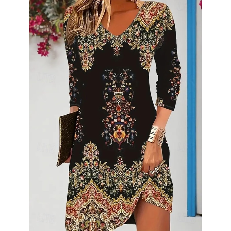 Women's Mini Dress Knit Dress Casual Dress Sundress A Line Dress Stylish Casual Home Birthday Street Regular Fit Graphic Geometric Long Sleeve V Neck Black Spring Fall