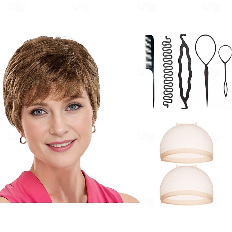 Short Ultra-Chic Pixie Wig with Neat Straight Layers / Multi-tonal Shades of Blonde Silver Brown and Red With 2PCS HD Wig Cap and Hairdressing Tool Set2