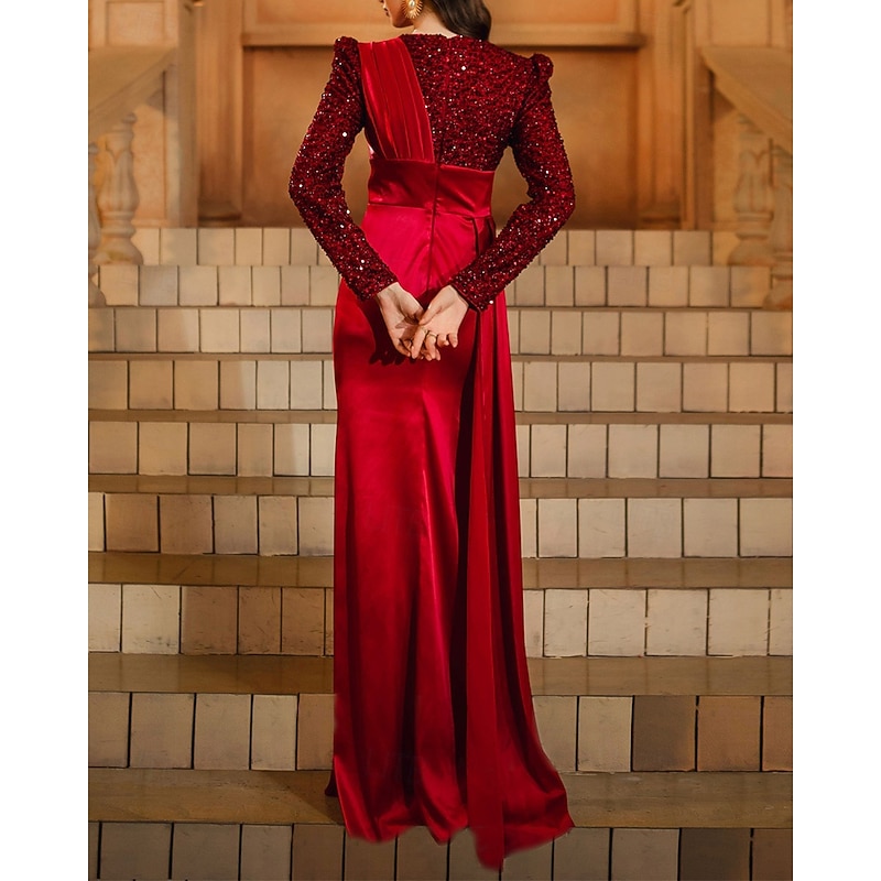 Red Sequin Velvet Mermaid / Trumpet Evening Gown Stretch Sequin Velvet Elegant Dress Formal Wedding Floor Length Long Sleeve Crew Neck Stretch Satin with Pleats 20253