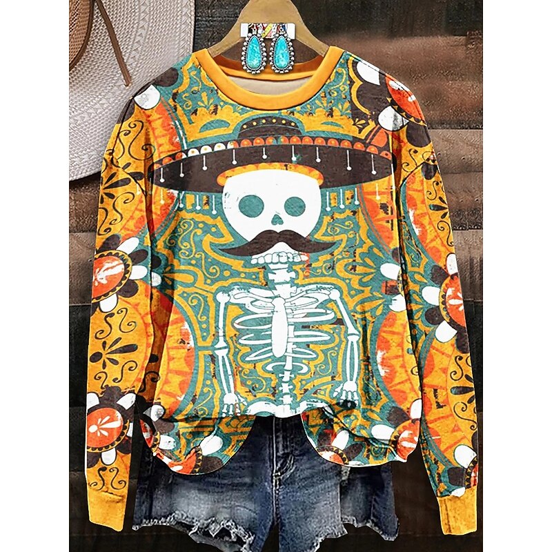 Halloween Women's Sweatshirts Skulls Graphic Warm Casual Festival Long Sleeve Crew Neck Round Neck Regular Tops Street Dailywear Casual Print Maroon Red Orange Spring Fall Winter