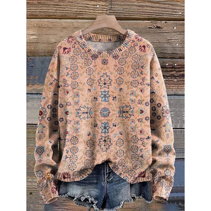 Women's Sweater Casual Soft Floral Graphic Ribbed Crew Neck Knitted Print Long Sleeve Regular Tops Knit Outdoor Daily Weekend Pink Fuchsia Fall Winter4