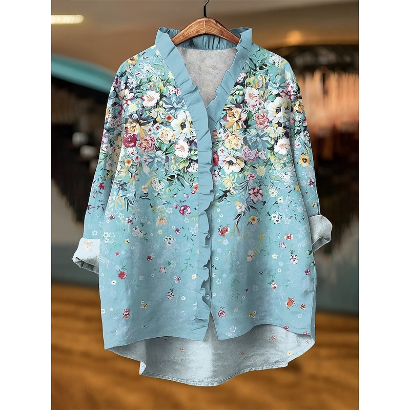 Women's Blouse Floral Graphic Elegant Active Vintage Long Sleeve V Neck Daily Holiday Going out Ruffle Yellow Blue Purple Green Summer Spring Fall2
