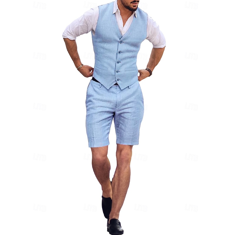 Men's Wedding Linen Suits V Neck Sky Blue Brown Solid Colored Tailored Fit 2 Piece