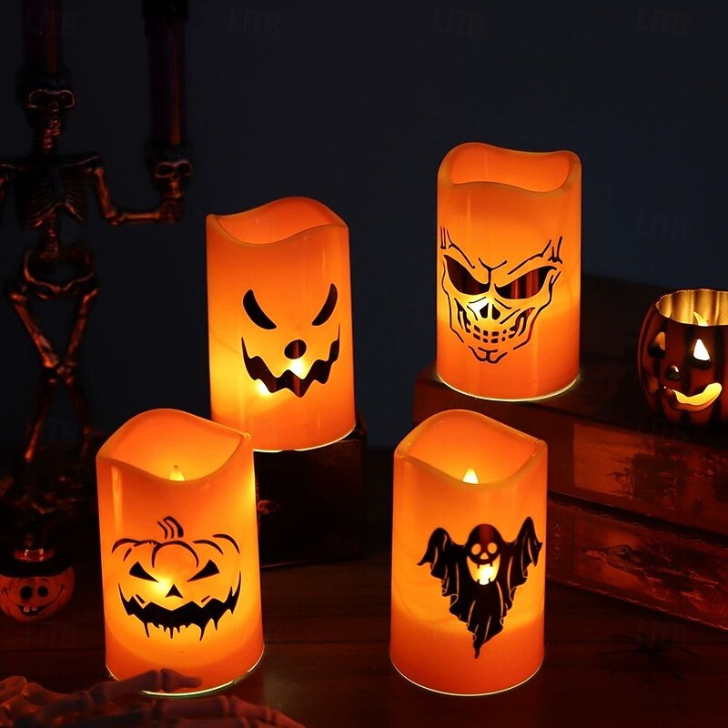 2PCS Halloween LED Electronic Candle Lamp Skull Ghost Pattern Night Light Halloween Arrangement Decorative Pumpkin Lantern3