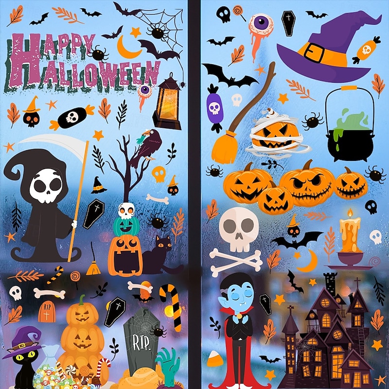 Halloween Window Cling Wall Sticker, Grim Reaper Skeleton Pumpkin Glass Stickers, Removable Static Clings for Living Room Window Decoration Halloween Party Home Decor