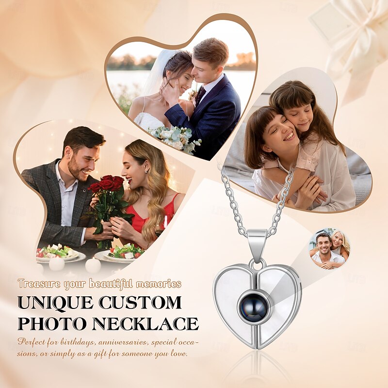 Personalized Shell Heart Projection Necklace with Custom Photo Engraved Keepsake Jewelry Heart Pendant – Fashionable Photo Necklace, Perfect Valentine’s Gift for Girlfriend3