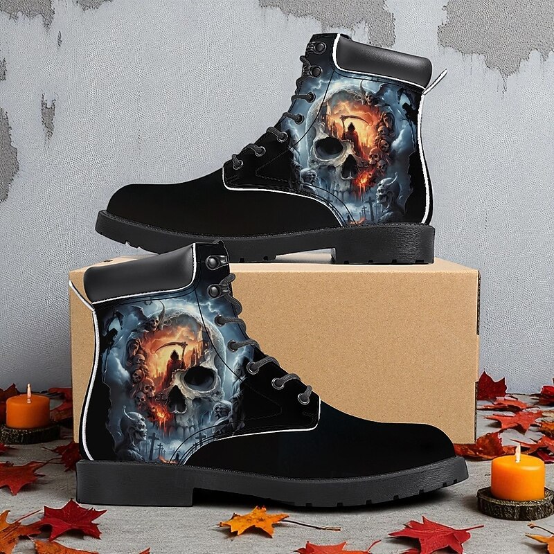 Men's Combat Boots with Fiery Skull Print – Gothic Halloween Style Ankle Boots for Party, Cosplay and Outdoor Wear