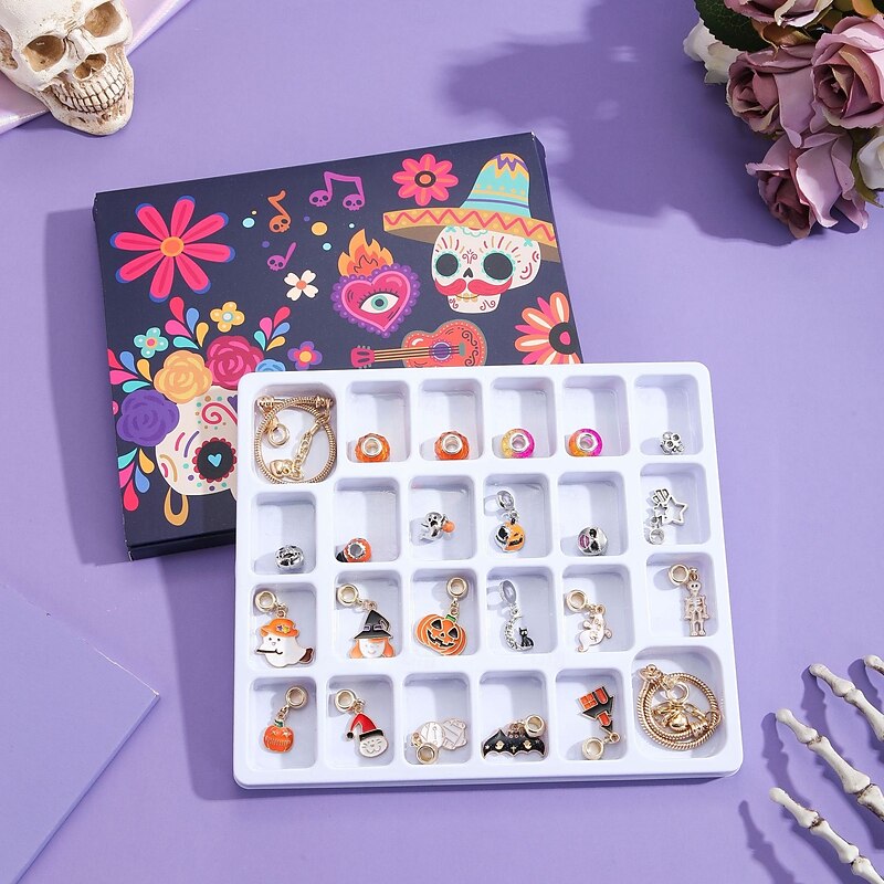 Halloween Advent Calendar Bracelets 2025 for Girls, Day of the Dead 24 Days DIY Jewelry Making Kit with 22 Charm Beads and 2 Adjustable Bracelets,Pumpkin & Skull Countdown Gift for Kids Teens Women4