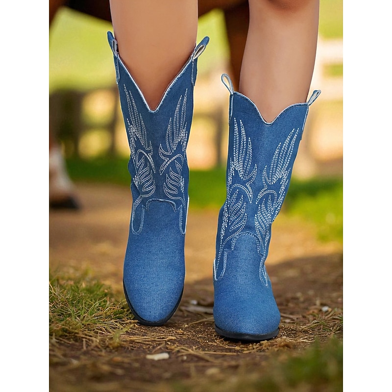 Women's Blue Denim Western Cowboy Boots with Embroidered Detail – Mid-Calf Pointed Toe Boots for Music Festivals, Rodeo Events and Country Style Outfits4
