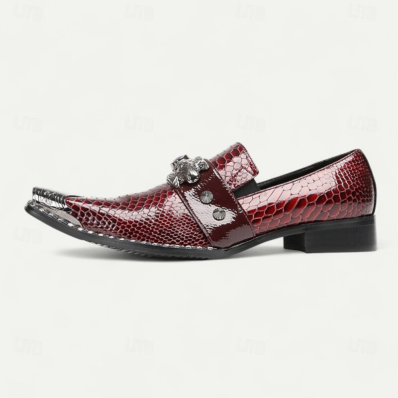 Men's Burgundy Crocodile Pattern Leather Loafers with Metal Buckle and Gemstone Detail, Luxury Dress Shoes for Weddings, Parties and Formal Occasions3