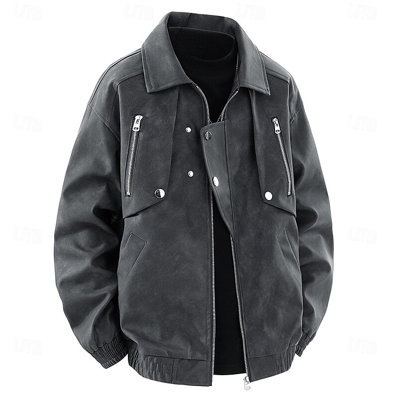 Men's Faux Leather Jacket Motorcycle Jacket Outdoor Casual Windbreaker Zipper Fall Winter Solid Color Punk Active Regular Black Brown Khaki Grey Jacket2