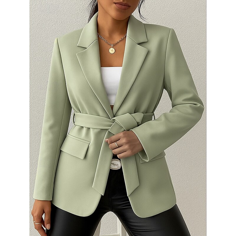 Women's Blazer Comfortable Breathable Lace up Pocket Casual Plain Office Street Casual Daily Wear Open Front Regular Turndown Regular Fit Long Sleeve Outerwear Black Green Beige Summer Fall4