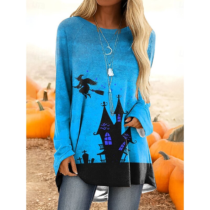 Halloween Women's T shirt Witch Graphic Vintage Stylish Classic Long Sleeve Crew Neck Long Tops Daily Print Pink Blue Orange Green Gray Spring Fall4