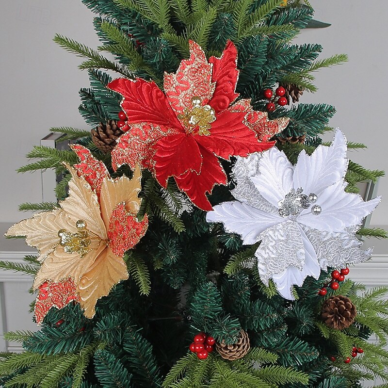 1pc Christmas Poinsettia Artificial Flower, 3-Layer Gold Glitter 3D Faux Floral, New Hong Kong Style Christmas Tree Hanging Ornament