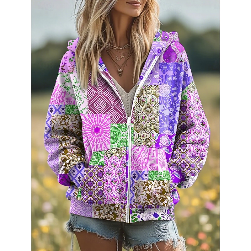 Women's 3D Print Vintage Boho Hoodie Patchwork Hoodie Sweatshirt Floral Zip Up s  Fashion Casual Long Sleeve Hooded  Street Dailywear Patchwork Zipper Pocket Yellow Pink Blue Purple Green Spring Fall4