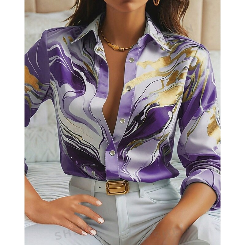 Women's Shirt Graphic Stylish Modern Long Sleeve Shirt Collar Regular Tops Daily Holiday Buttons Print Pink Sky Blue Purple Spring Fall3