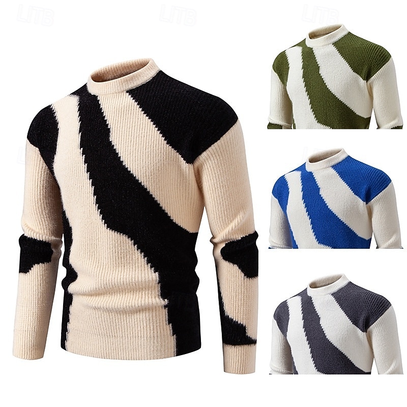 Men's Sweater Pullover Sweater Jumper Ribbed Knit Regular Tops Knitted Slim Fit Color Block Crew Neck Knitwear Contemporary Casual Daily Wear Clothing Apparel Fall Winter Black Blue M L XL