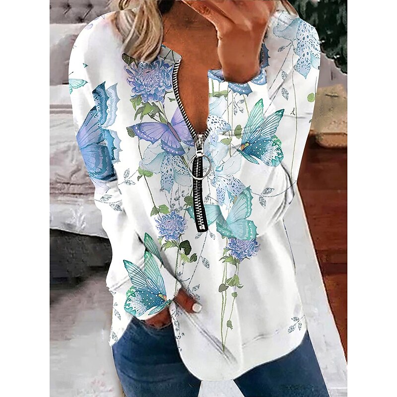 Women's Pullover Sweatshirt Zip Up Sweatshirts Floral Graphic Butterfly Fashion Casual Long Sleeve Crew Neck V Neck Regular Tops Street Dailywear Zipper Print Pink Purple Light Blue Fall Winter2