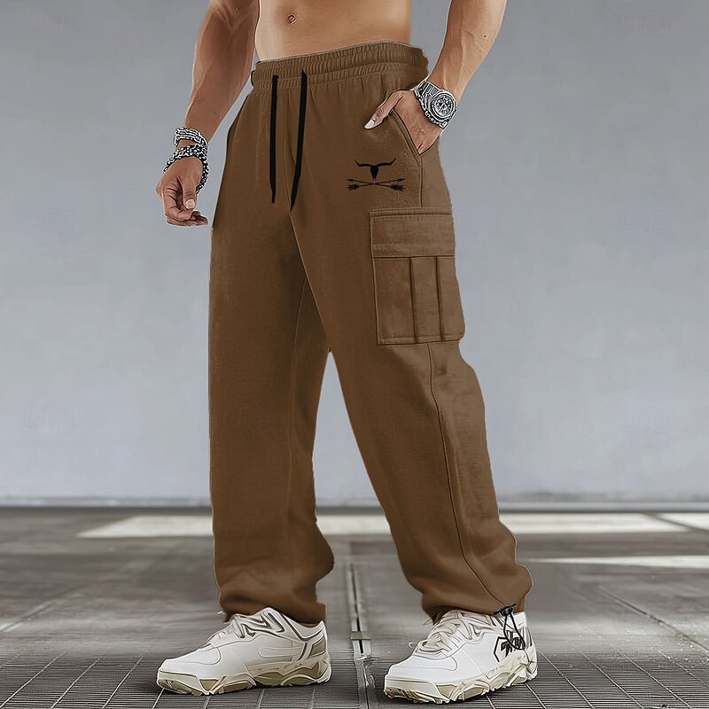 Men's Cow Print Cargo Sweatpants Joggers Casual Pants Mid Waist Casual Athletic Hiking Workout Elastic Drawstring Waist Open Bottom Tactical Pants with Pockets Spring Fall 3D Print Black White Brown