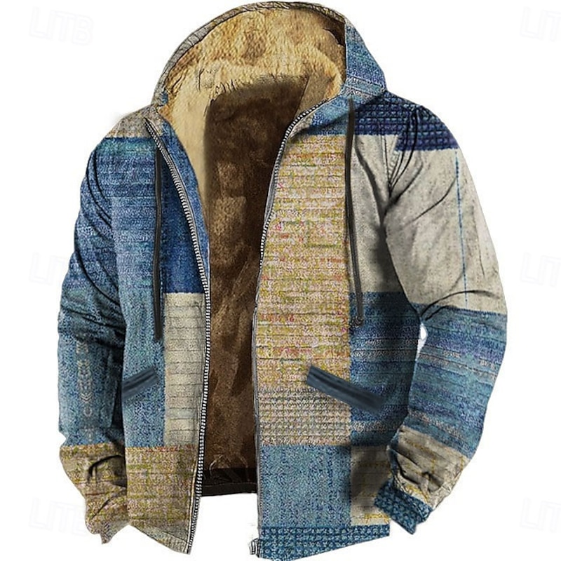 Men's Geometric Color Block Patchwork Fleece Hoodie Sweatshirt Vintage Retro Long Sleeve Crew Neck Outdoor Streetwear Navy Blue Blue Drawstring Fall Winter Designer