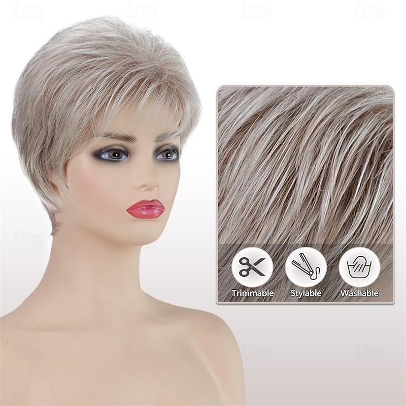 Short White Blonde Pixie Cut Wigs for Women Layered Fluffy Mixed Blonde Wigs with Dark Roots Synthetic Hair Short Wig for White Women3