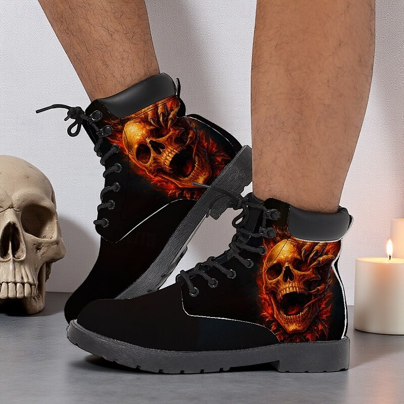 Men's Flaming Skull Combat Boots – Gothic Punk Lace-Up Ankle Boots for Halloween, Cosplay, Concerts and Streetwear