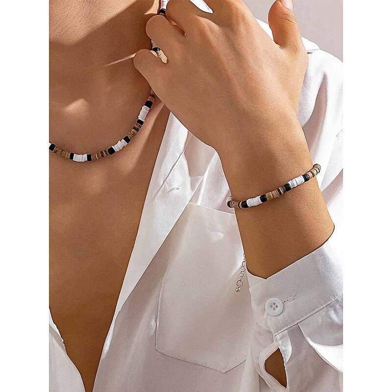 Men's Bohemian Style Beaded Necklace and Bracelet Set - White, Black, Brown Wooden Bead Jewelry for Beach, Casual Wear and Summer Parties3