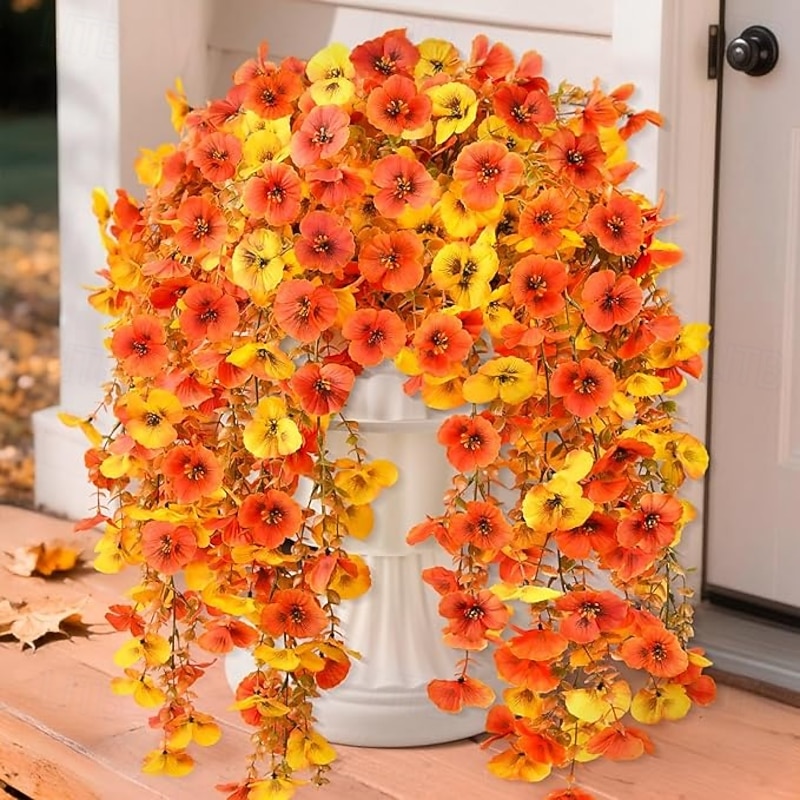 4 Pack Artificial Fall Flowers for Outdoor Faux Pansy Fake Mums Plant Hanging Flowers Outdoor Fall Decor UV Resistant No Fade Silk Flower for Front Door Porch Planter Patio Yard Garden(Orange Golden)3