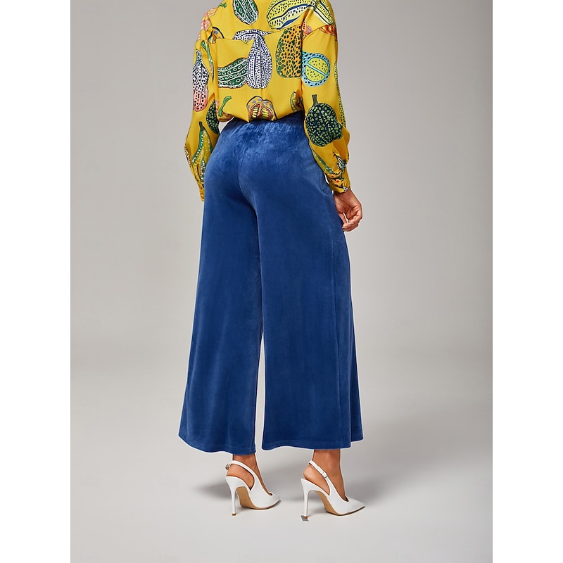 Women's Wide Leg Trousers Casual High Stretch Corduroy Ribbed Texture Elastic Waistband Blue Elastane2